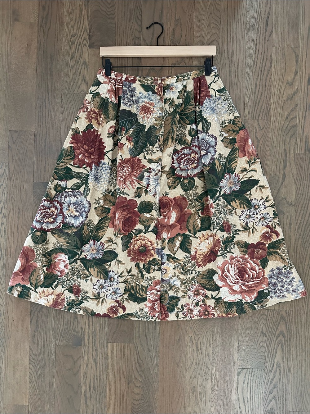Vintage Orvis Floral Print Made in USA A-Line Cotton Skirt Beige Multicolor 14/L